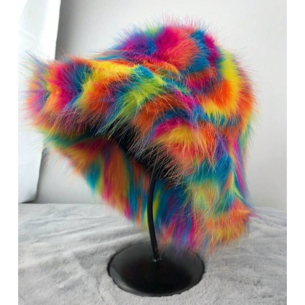 Multicolor Faux Fur Bucket Hat - Vibrant Rainbow Hat